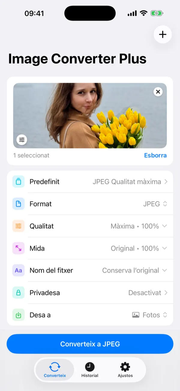 Per-image settings for a coastal photo: format, quality, size, file name, and privacy
