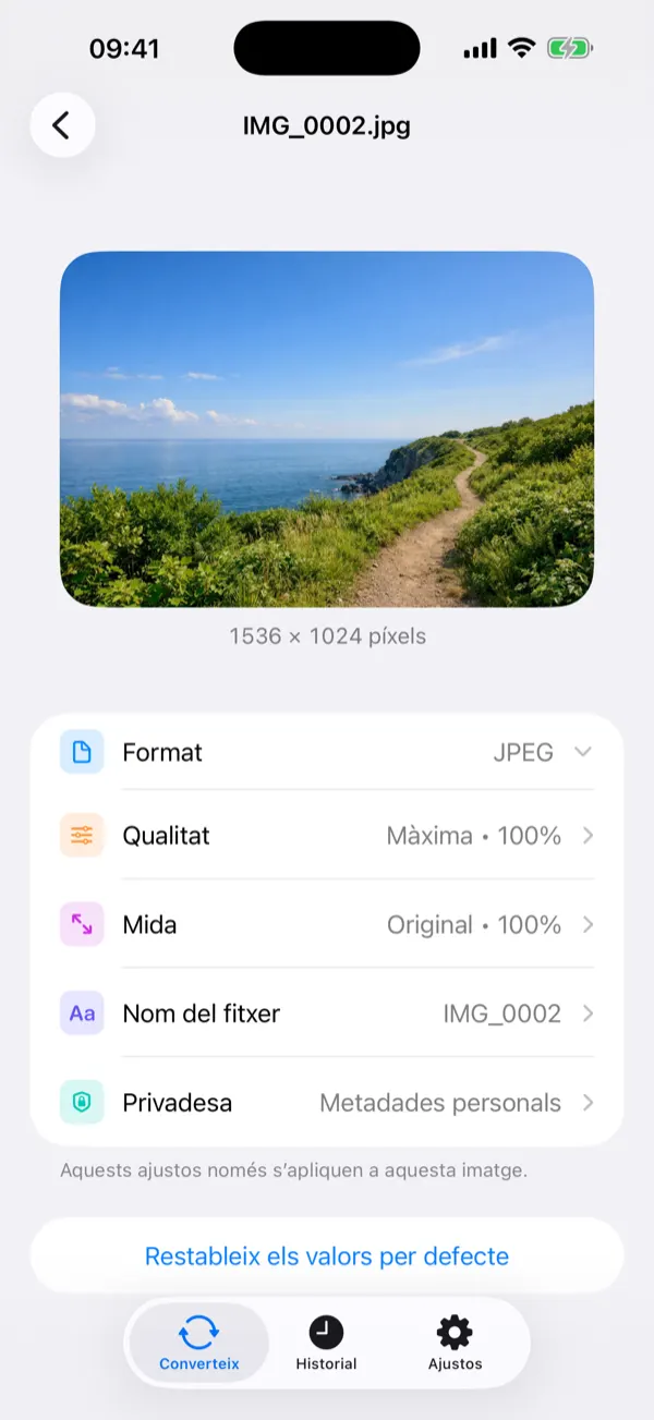 Default Settings screen with the quality slider set to 90 percent