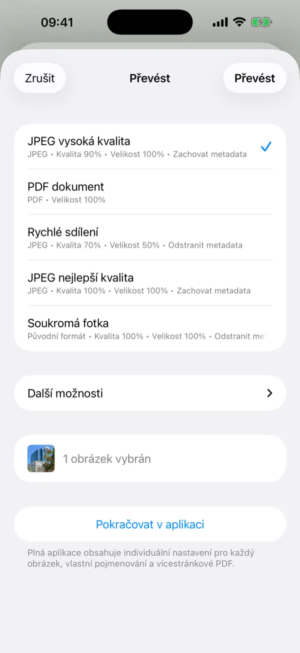 Panel Share Extension s předvolbami převodu na jedno klepnutí