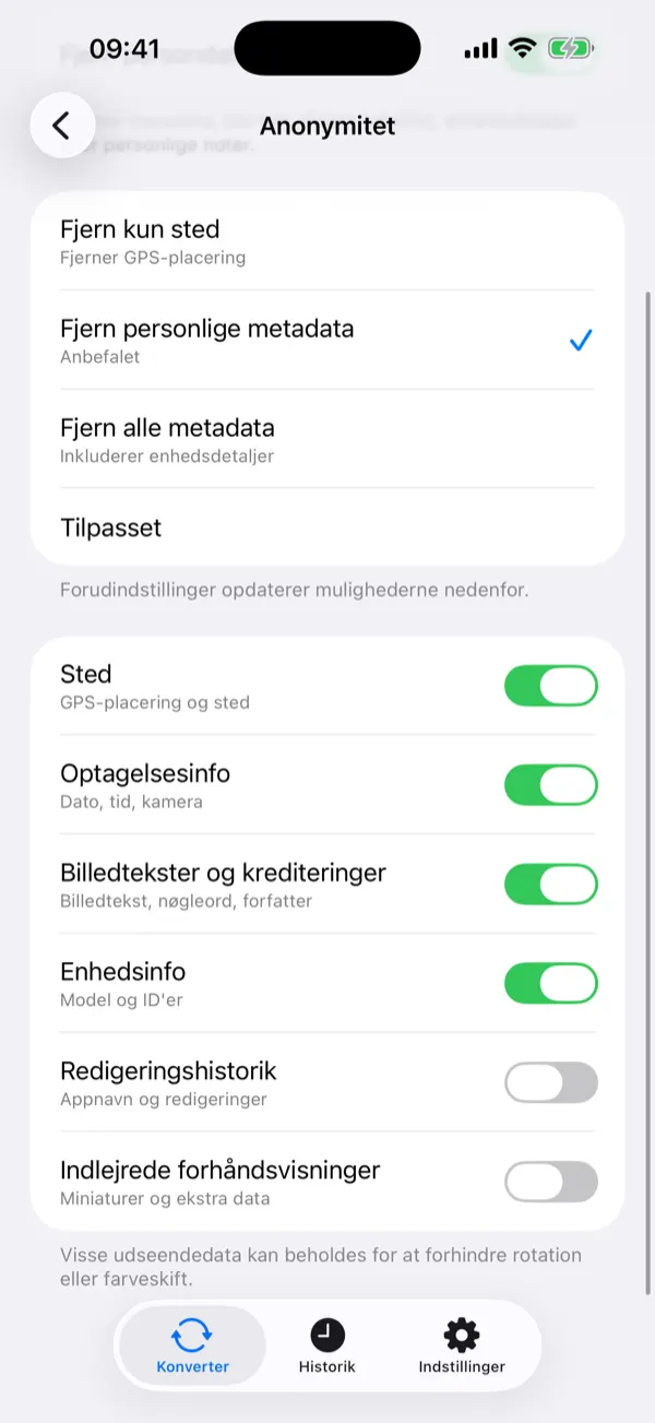 Historikskærm med liste over konverterede billeder med størrelser og detaljer