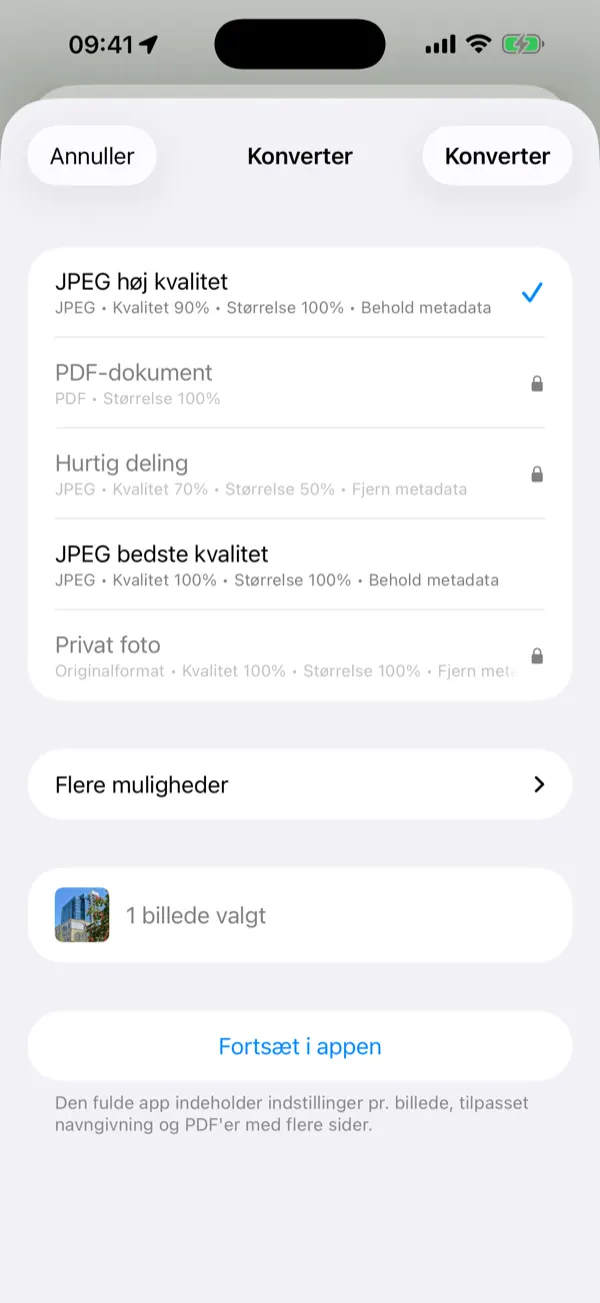 Share Extension-ark med forudindstillinger til konvertering med ét tryk