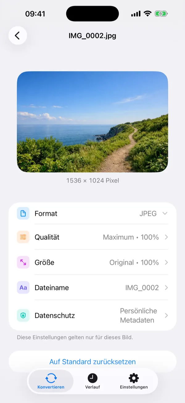 Default Settings screen with the quality slider set to 90 percent