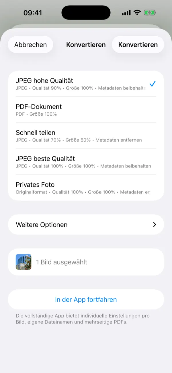 Share-Extension-Sheet mit Konvertierungspresets für einen Tipp
