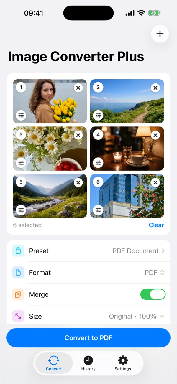 Batch of six photos being converted to a merged PDF