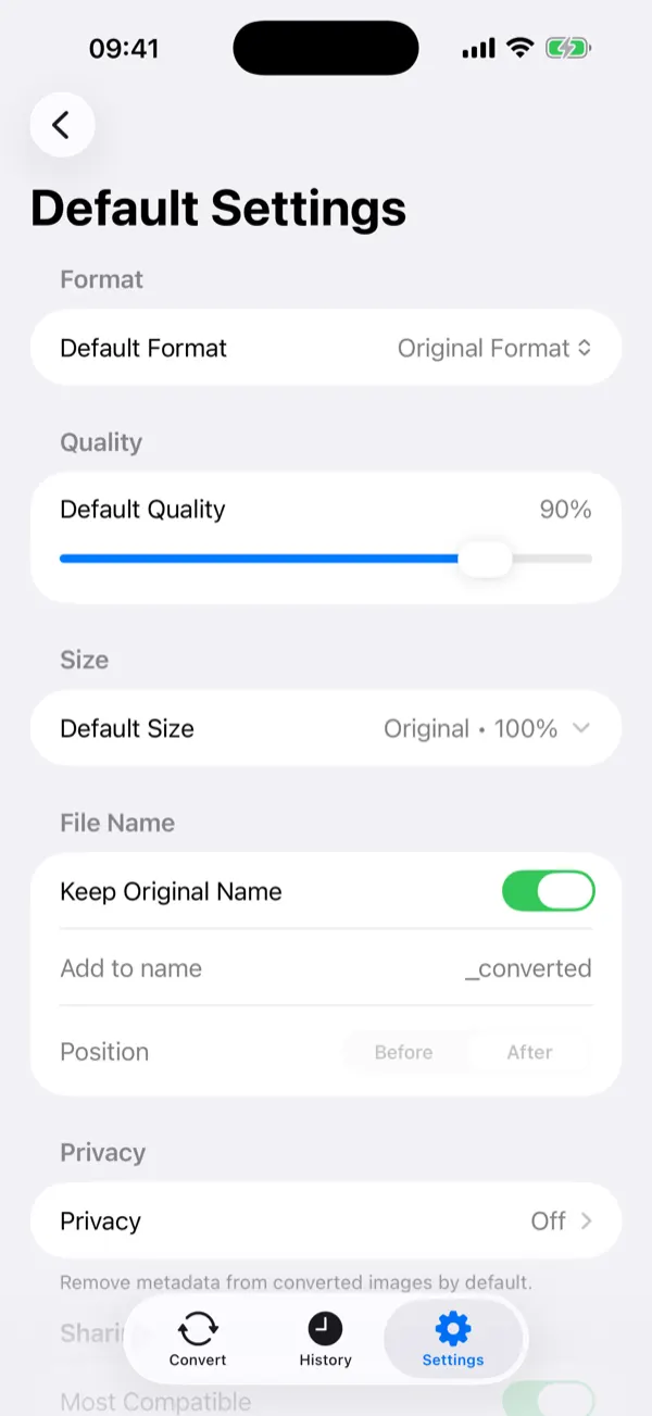 Default Settings screen with the quality slider set to 90 percent
