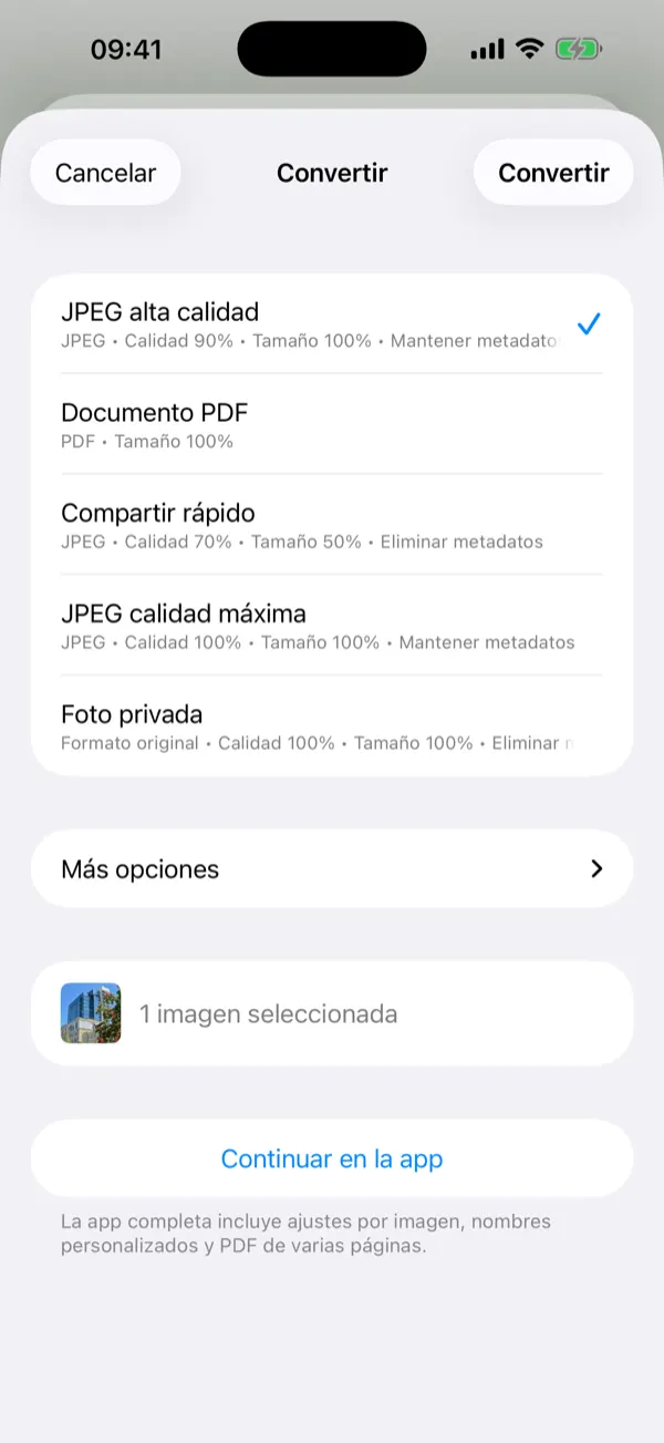 Menú de la extensión de compartir con preajustes de conversión con un toque