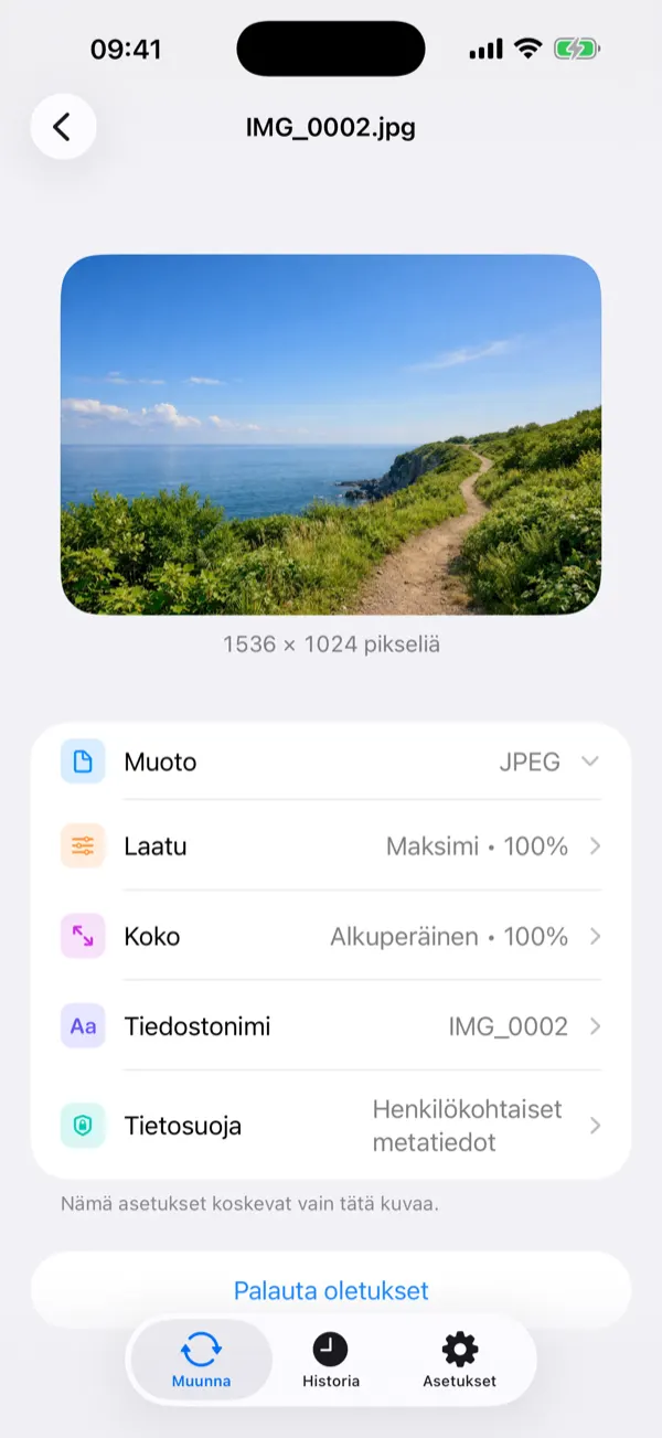 Default Settings screen with the quality slider set to 90 percent