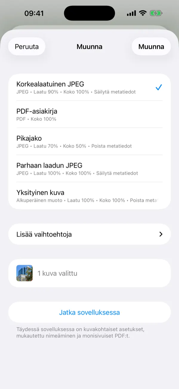 Share Extension -näkymä yhden napautuksen muunnosesiasetuksilla
