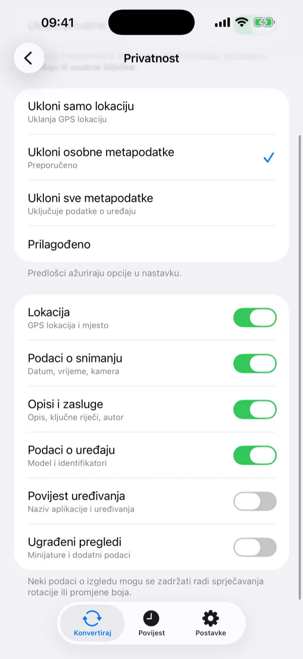 Zaslon povijesti s popisom pretvorenih slika, veličinama i pojedinostima