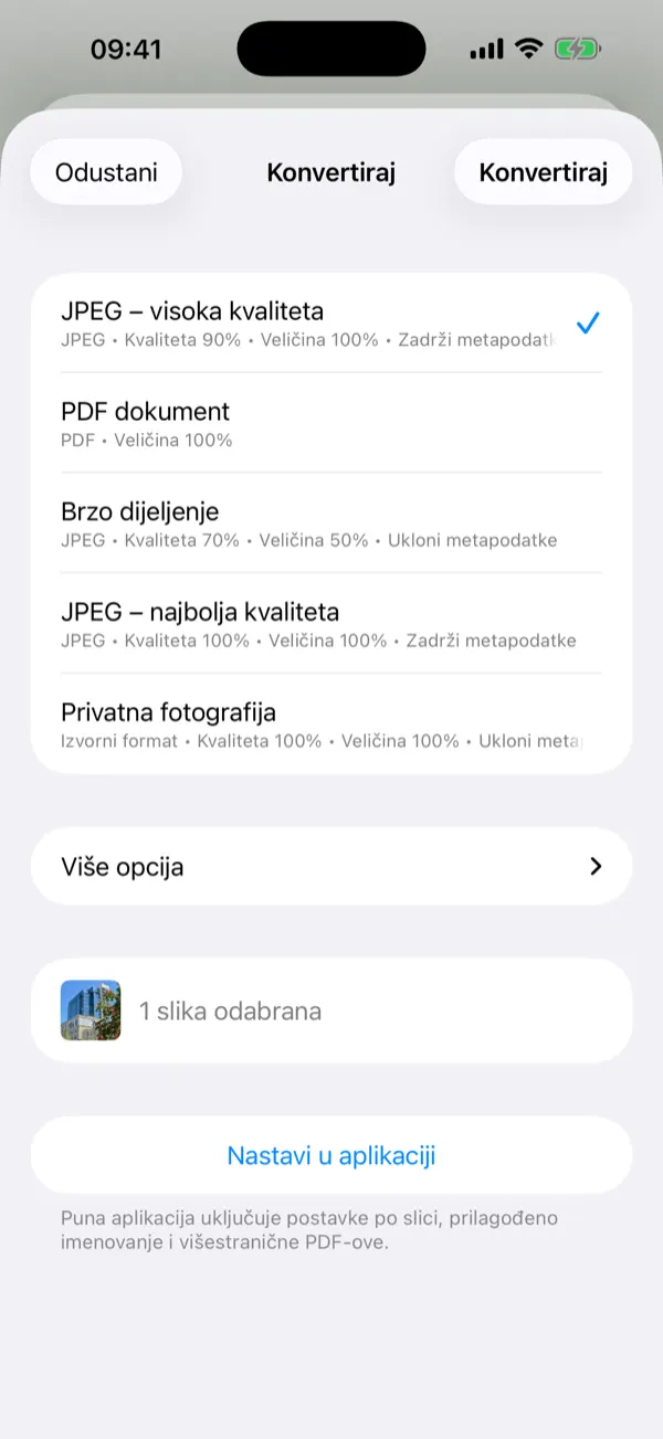 Share Extension prozor s predpostavkama pretvorbe jednim dodirom