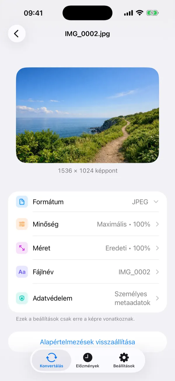 Default Settings screen with the quality slider set to 90 percent