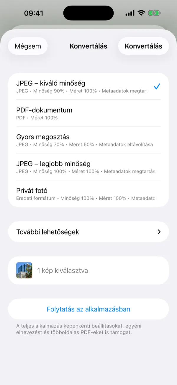 Share Extension panel egyérintéses konvertálási előbeállításokkal