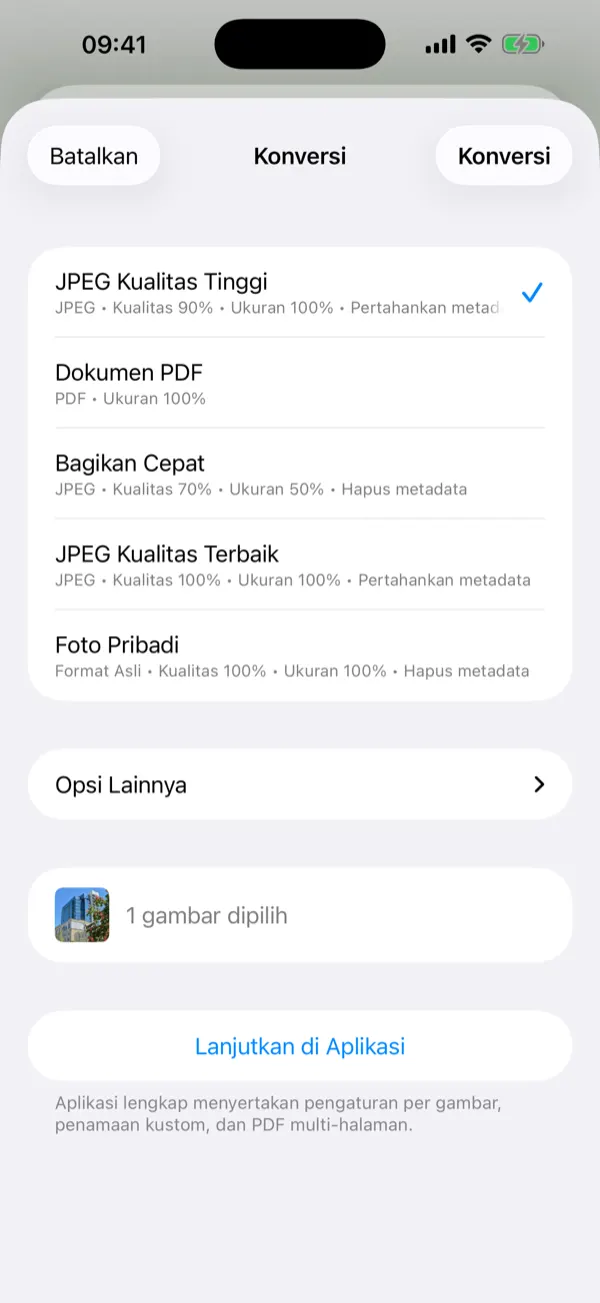 Lembar Share Extension dengan preset konversi satu ketukan