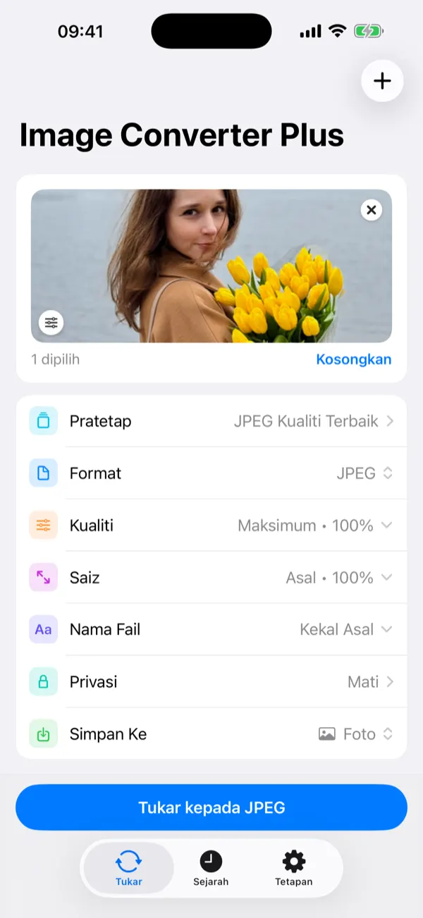 Per-image settings for a coastal photo: format, quality, size, file name, and privacy