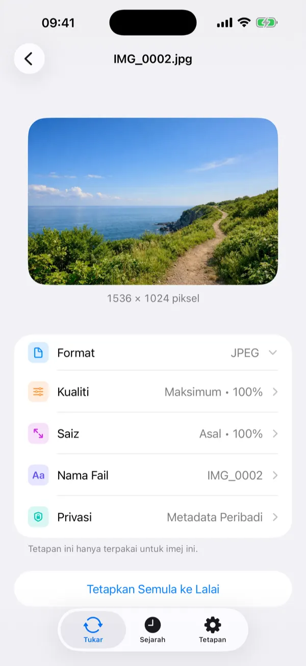 Default Settings screen with the quality slider set to 90 percent