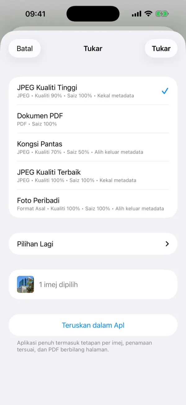 Helaian Share Extension dengan praset penukaran satu ketukan