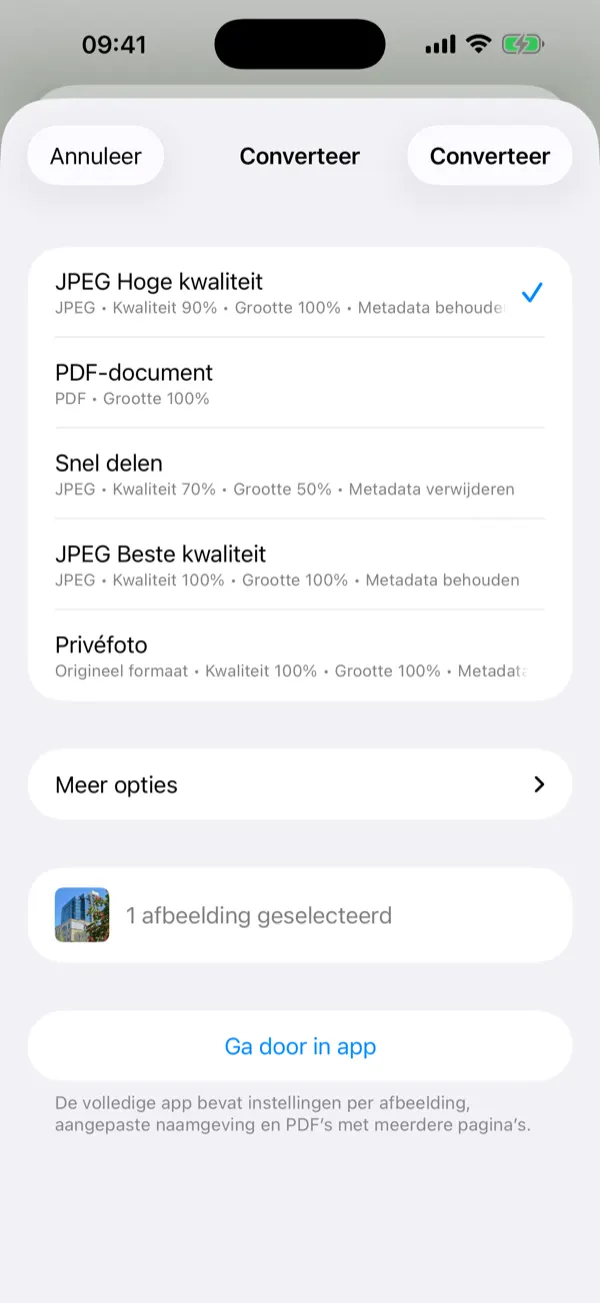 Share Extension-menu met conversievoorinstellingen met één tik