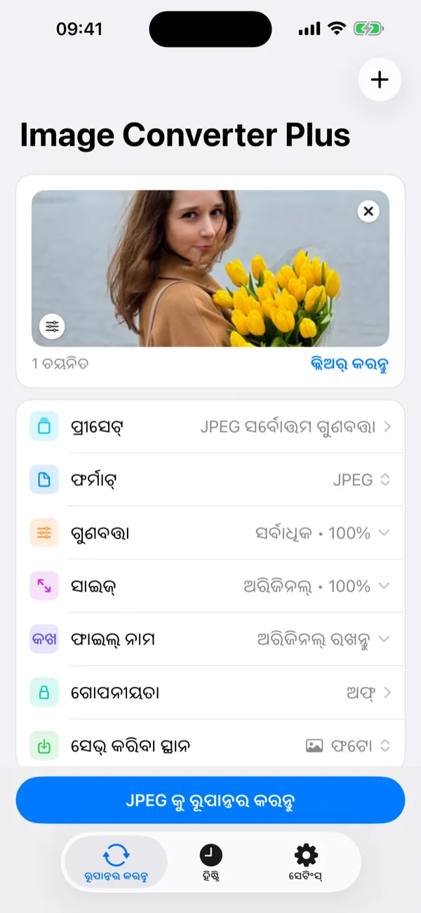 Convert screen with a selected photo and conversion options