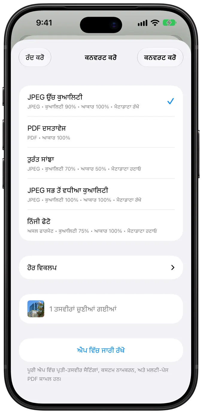 ਇੱਕ-ਟੈਪ ਪਰਿਵਰਤਨ ਪ੍ਰੀਸੈੱਟਾਂ ਨਾਲ Share Extension ਸ਼ੀਟ