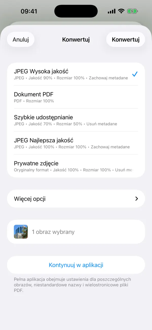 Panel Share Extension z presetami konwersji na jeden dotyk