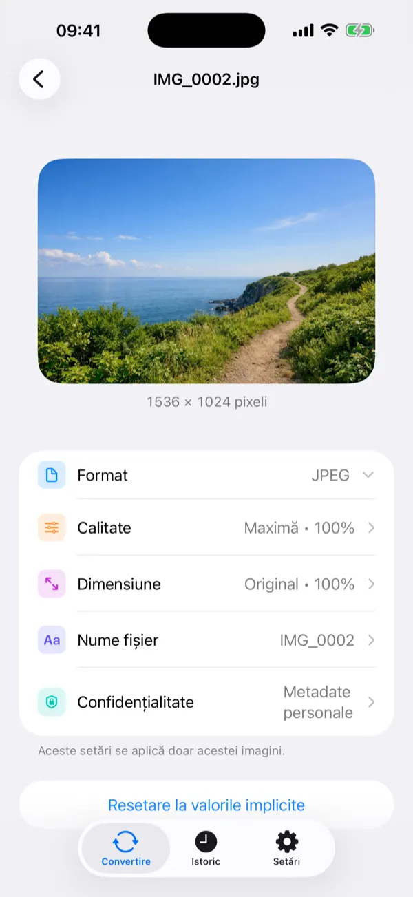 Default Settings screen with the quality slider set to 90 percent