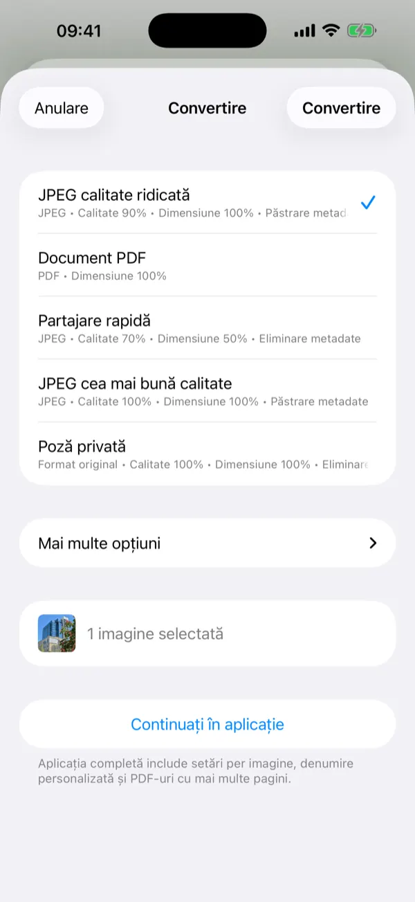 Fereastra Share Extension cu preseturi de conversie cu un singur tap