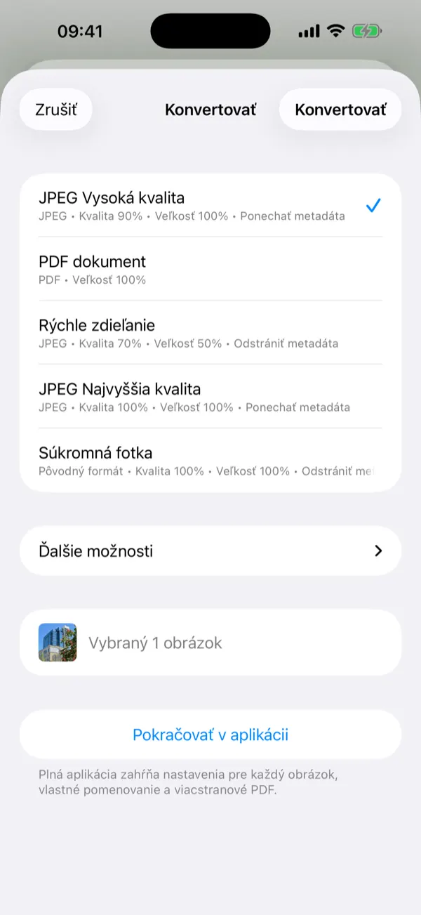 Panel Share Extension s predvoľbami konverzie na jedno klepnutie