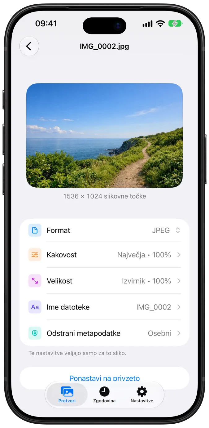 Per-image settings for a coastal photo: format, quality, size, file name, and privacy
