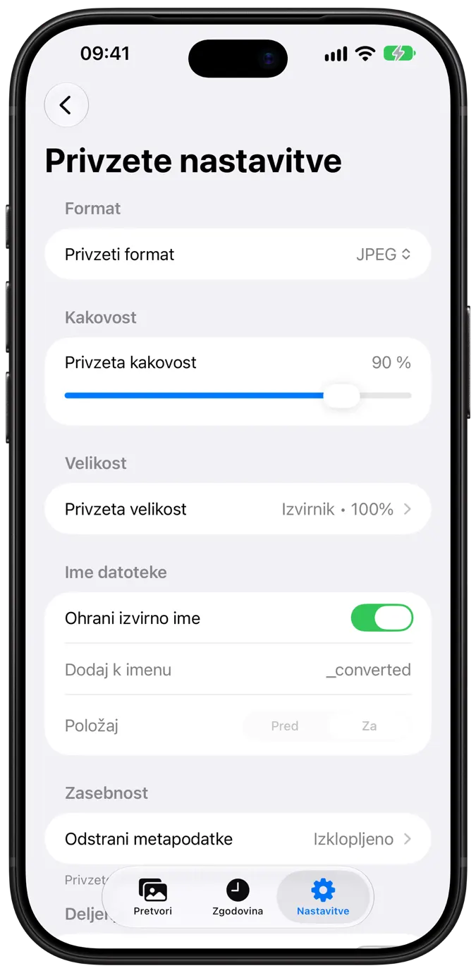 Default Settings screen with the quality slider set to 90 percent