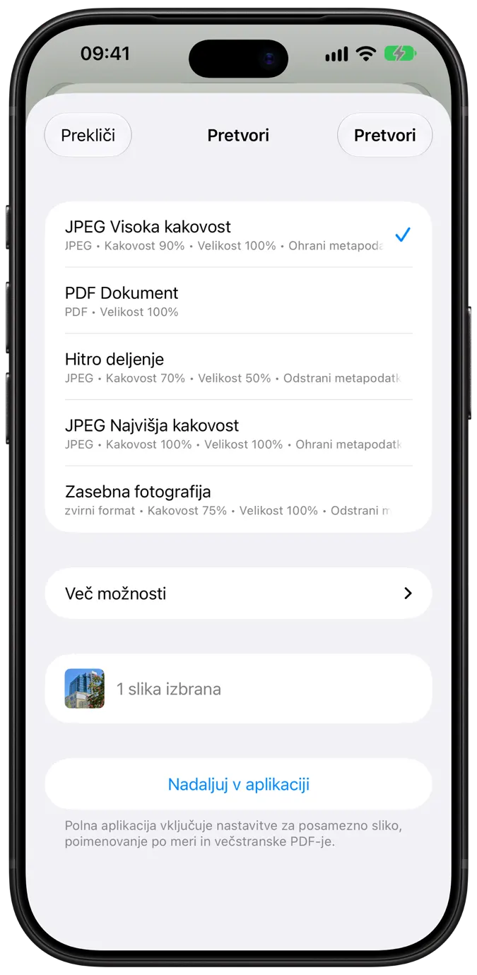 Okno Share Extension s prednastavitvami za pretvorbo z enim dotikom