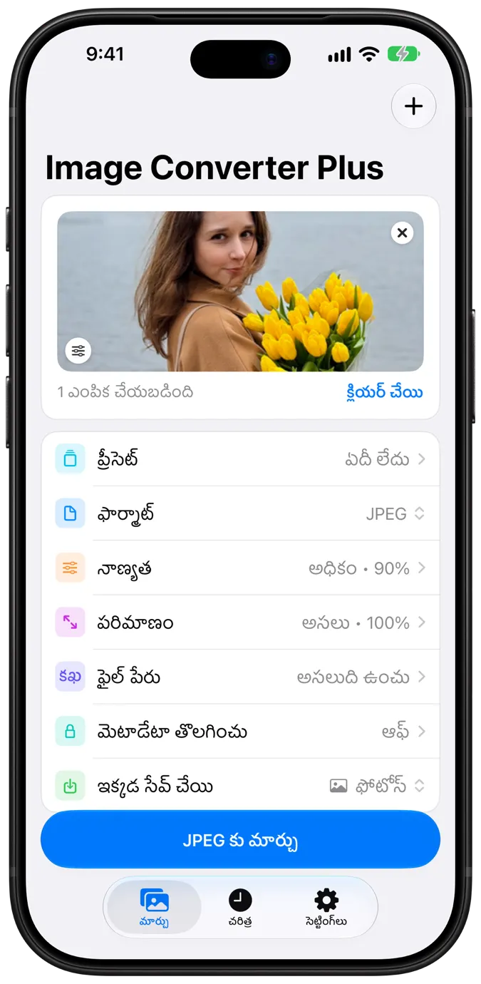 Convert screen with a selected photo and conversion options