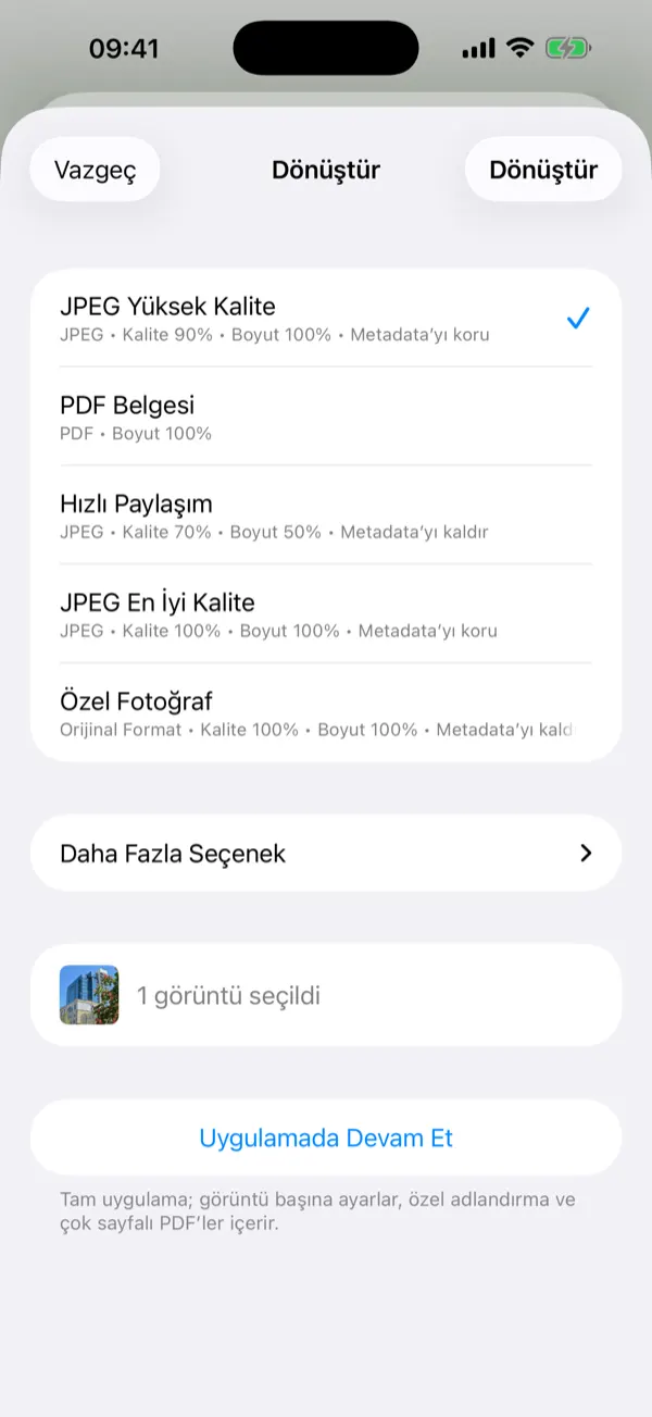 Tek dokunuşluk dönüştürme ön ayarlarıyla Share Extension sayfası